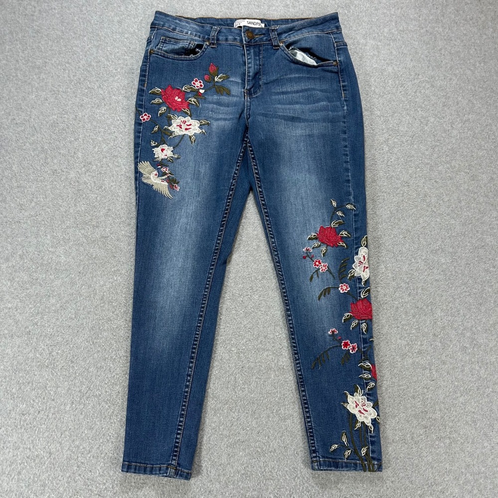 Sandpiper Skinny Jeans Womens 30x25 Blue Floral Embroidered Boho Chic